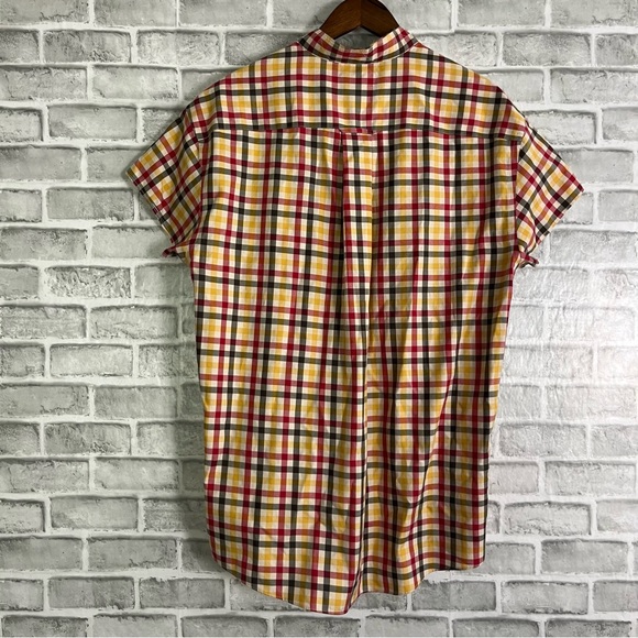 Orvis Collarless Orange Green Gingham Plaid Checked Button Up Short Sleeve Sz L - Picture 3 of 6